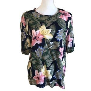 Sag Harbor Black Floral Short Sleeve Shirt Made USA Size Large
